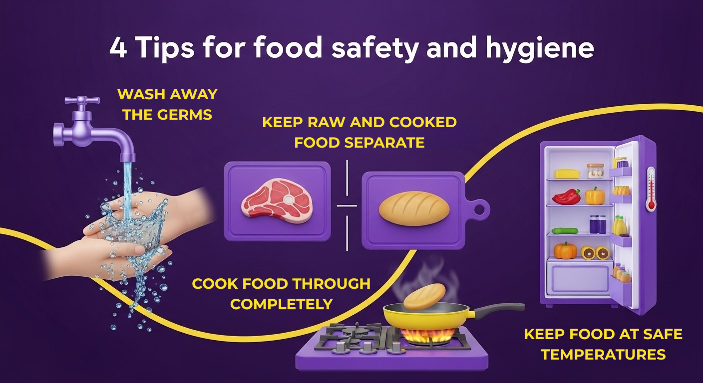 A graphic titled 4 Tips for food safety and hygiene with illustrations: washing hands under a faucet, keeping raw meat and bread separate, cooking food on a stove, and storing food in a refrigerator.