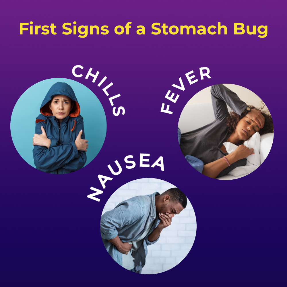 Three people showing first signs of a stomach bug: one shivering with chills, another lying in bed with a fever, and a third hunched over appearing nauseous. Text labels read: Chills, Fever, and Nausea.